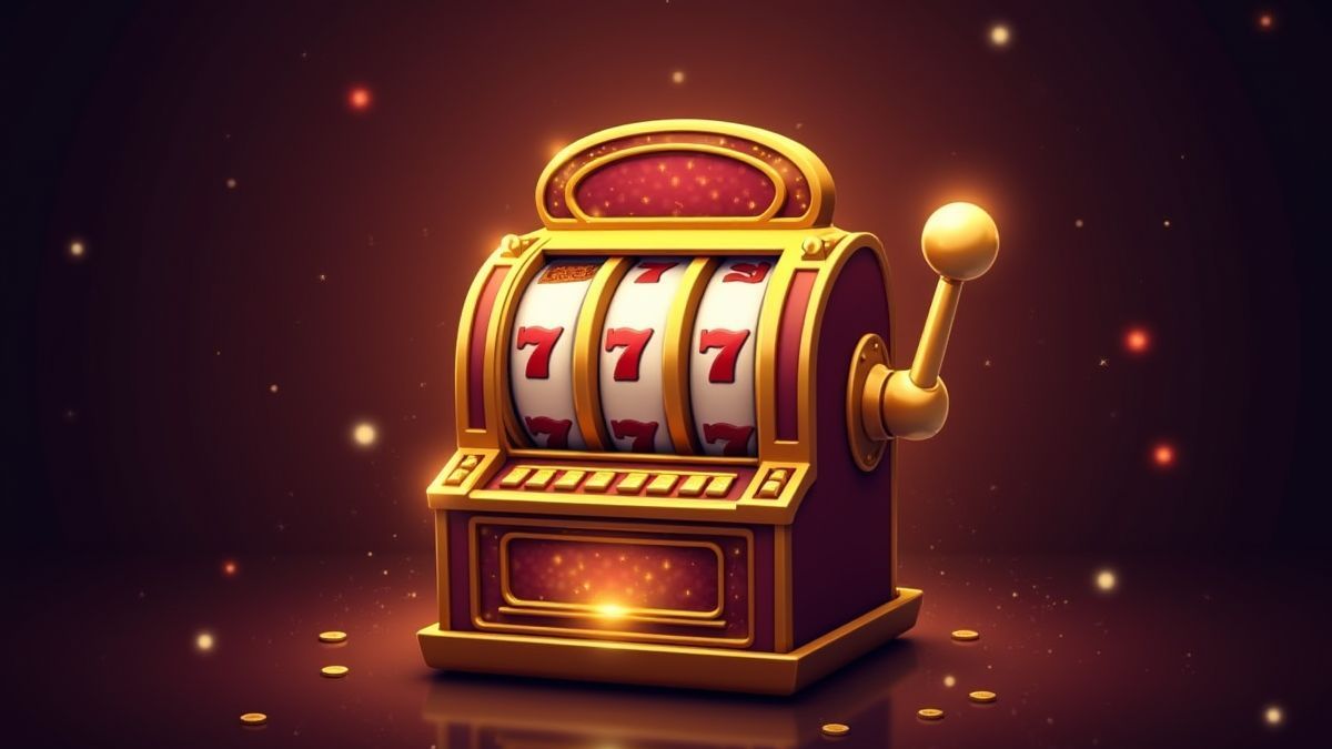 Máquina caça-níqueis vintage com alavanca dourada e efeitos brilhantes.