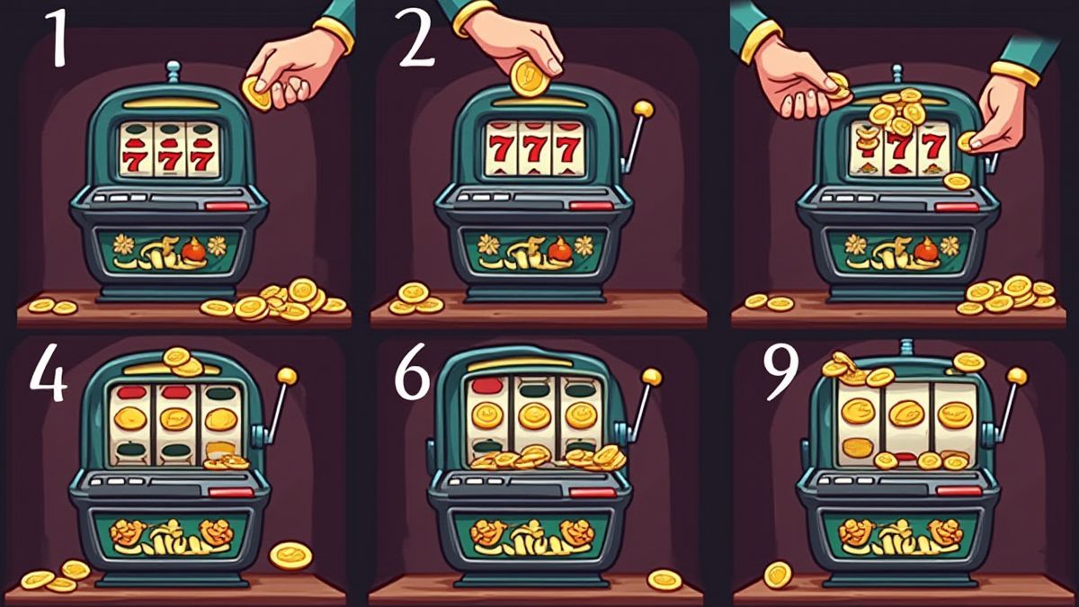 Processo de jogar em uma máquina caça-níqueis: inserir moedas e girar os rolos.