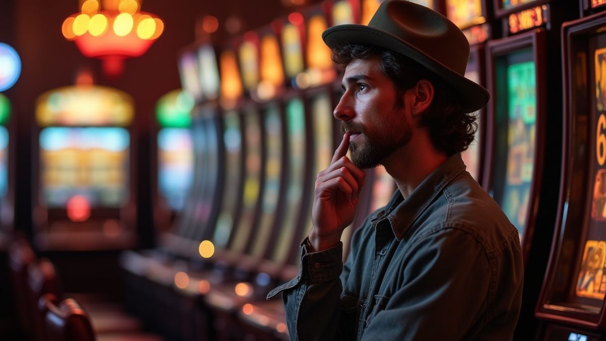 Jogador refletindo ao lado de uma máquina caça-níqueis clássica.