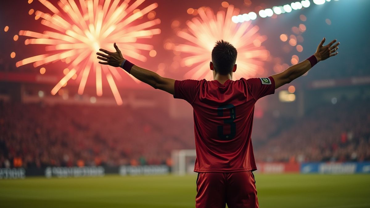 Jogador esportivo celebrando um gol com fogos de artifício ao fundo.