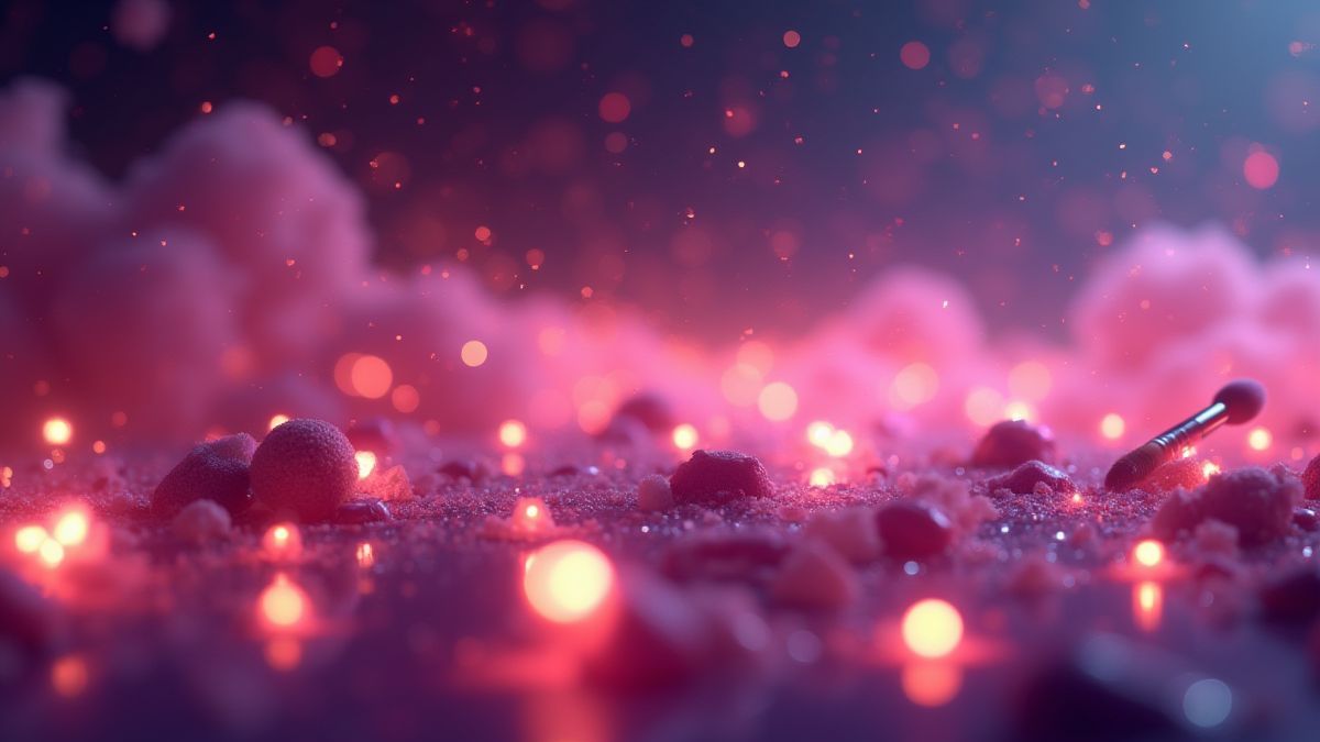 Glowing makeup brushes and floating cosmetics in a magical atmosphere.