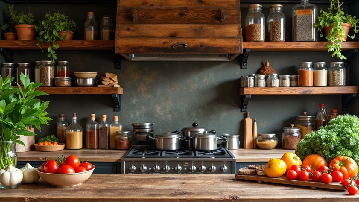 A rustic Italian kitchen filled with spices and fresh ingredients.