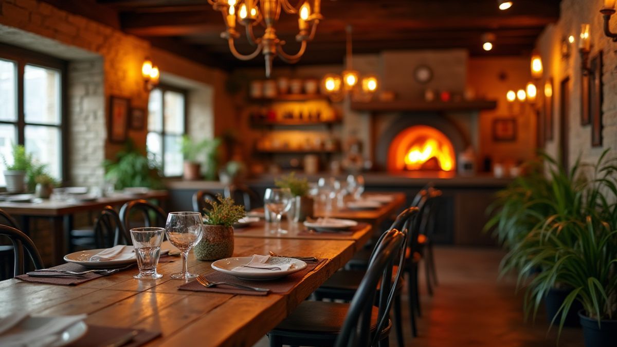 A cozy Italian restaurant with wooden tables and a pizza oven in the background.