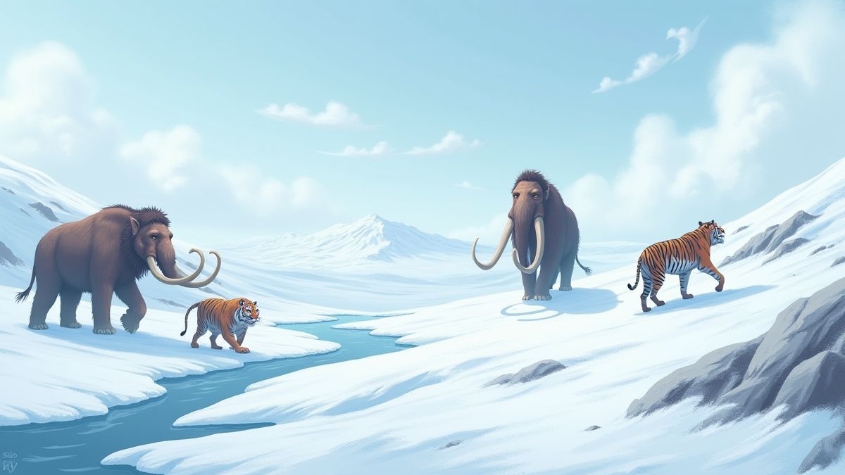Landschap van tundra met mammoeten en sabeltandtijgers.