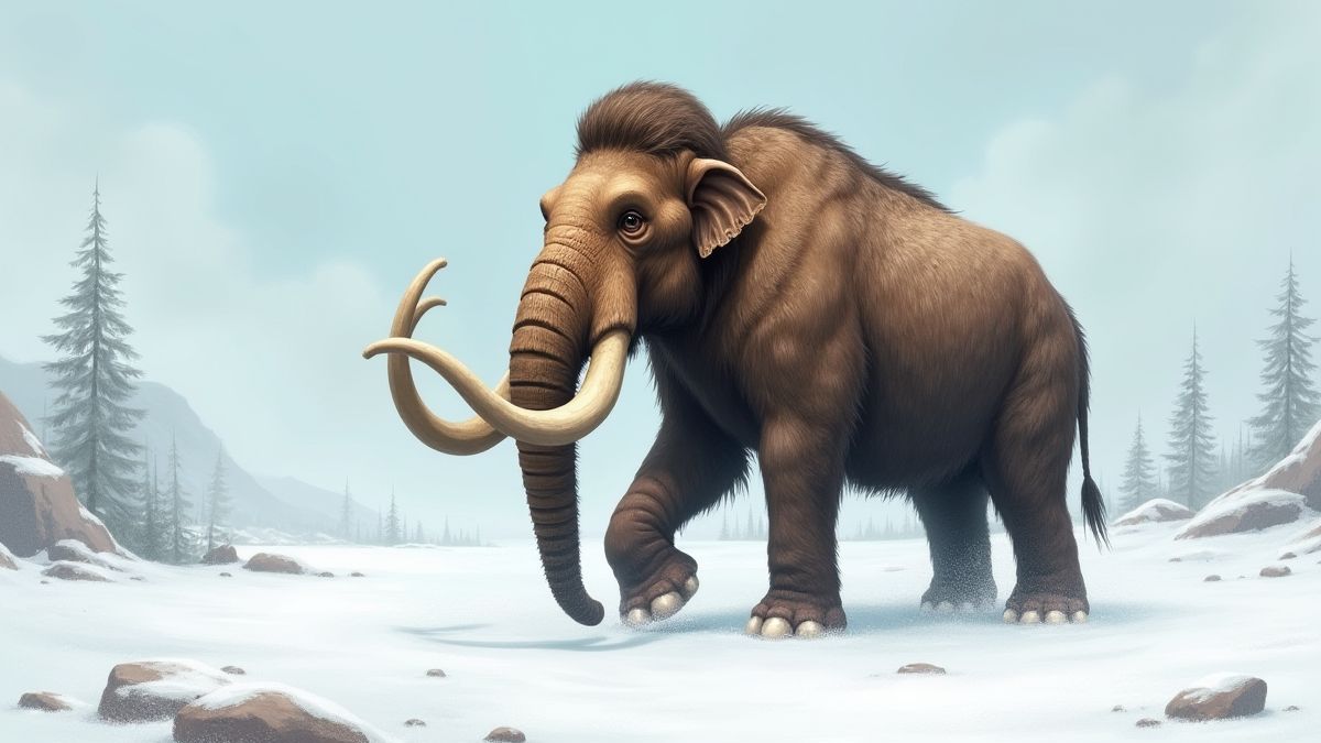 Illustration d'un mammouth dans un paysage préhistorique enneigé.