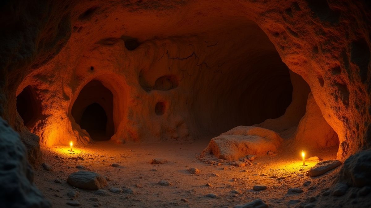 Caverne préhistorique avec des trésors brillants et des peintures d'animaux.