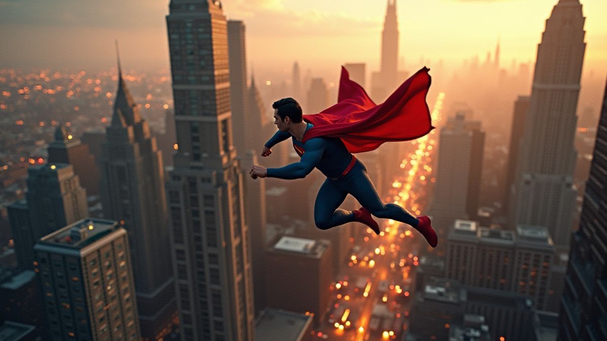 Superman volando sobre Metropolis.