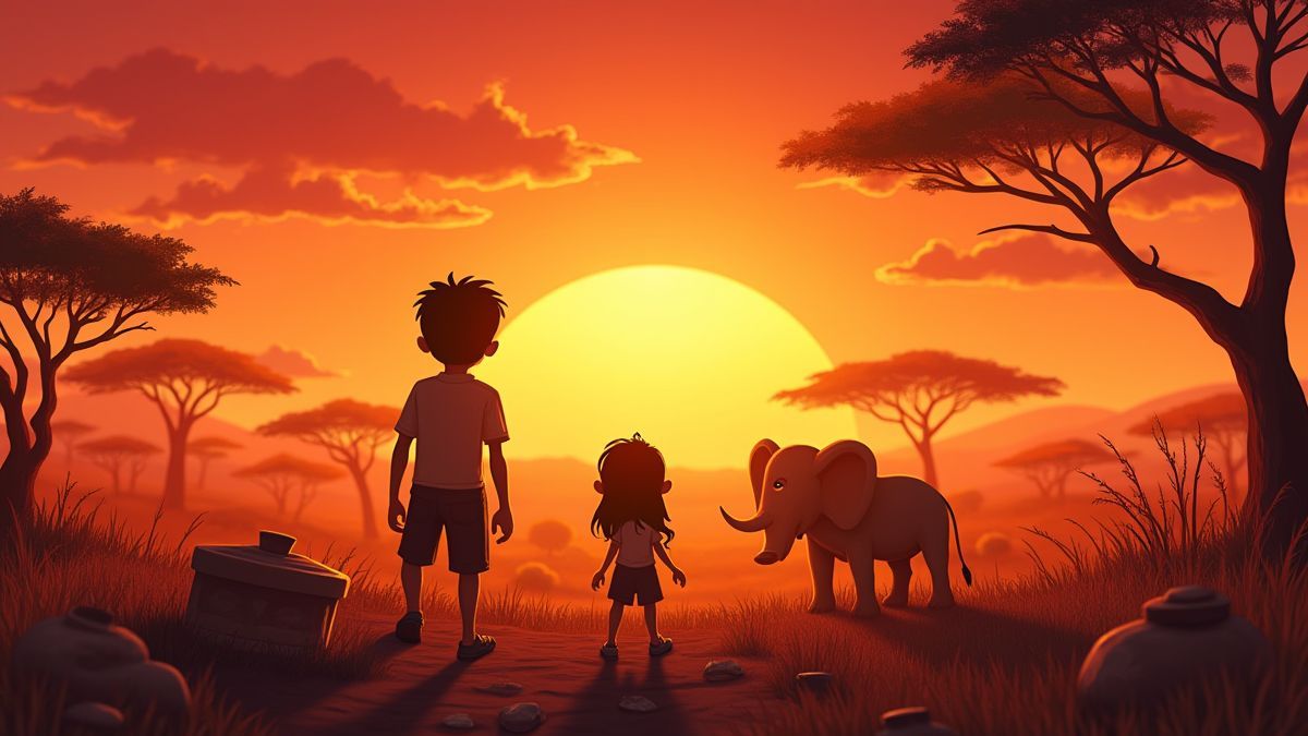 Carl and Lisa exploring artifacts in the African savanna at sunset.