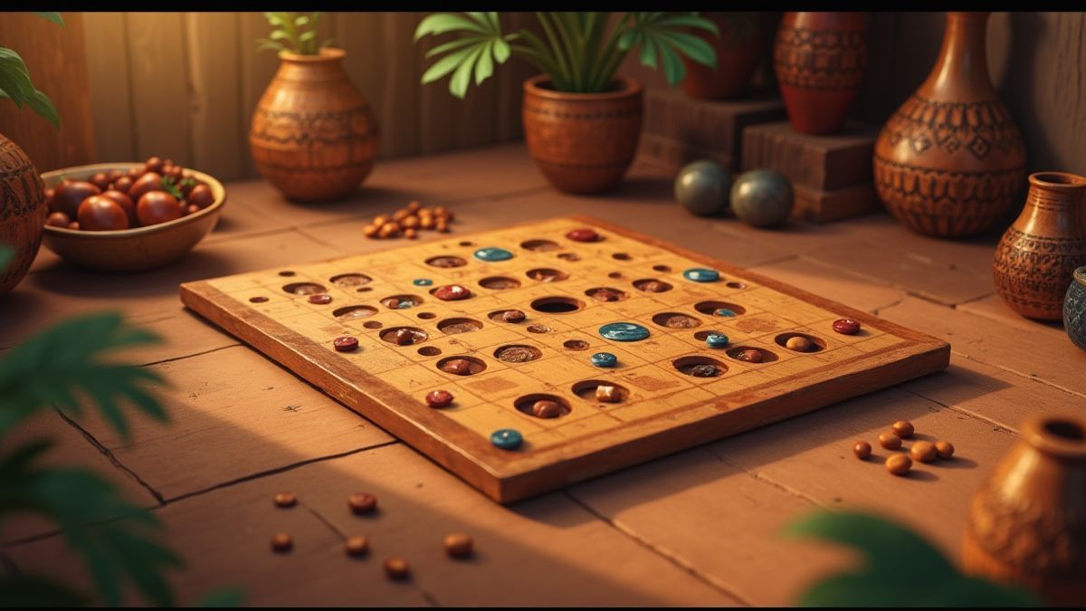 Traditional Mancala board surrounded by African artifacts.