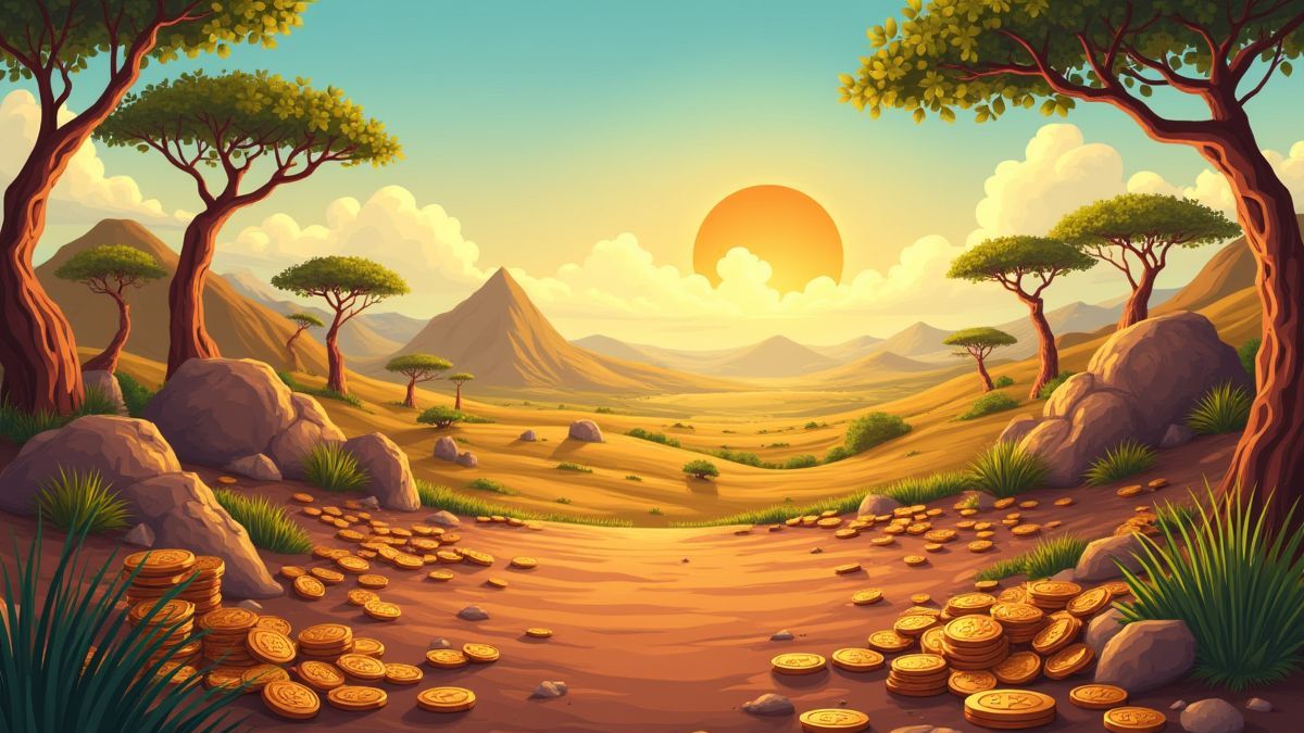 Coins and treasures in a vibrant African landscape.