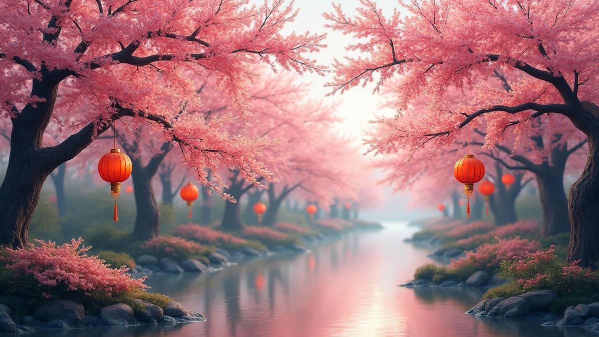 Un jardín asiático con flores de cerezo y linternas colgantes.