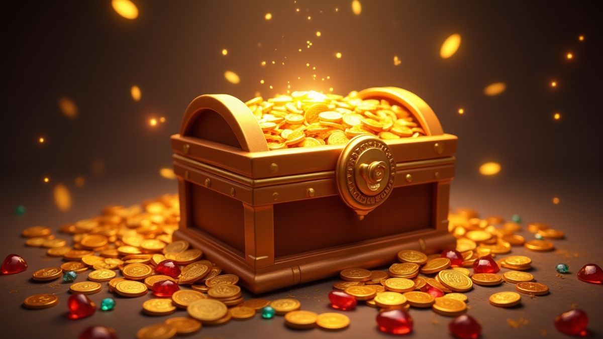 Un cofre del tesoro brillante rodeado de monedas de oro y gemas en un tema asiático.