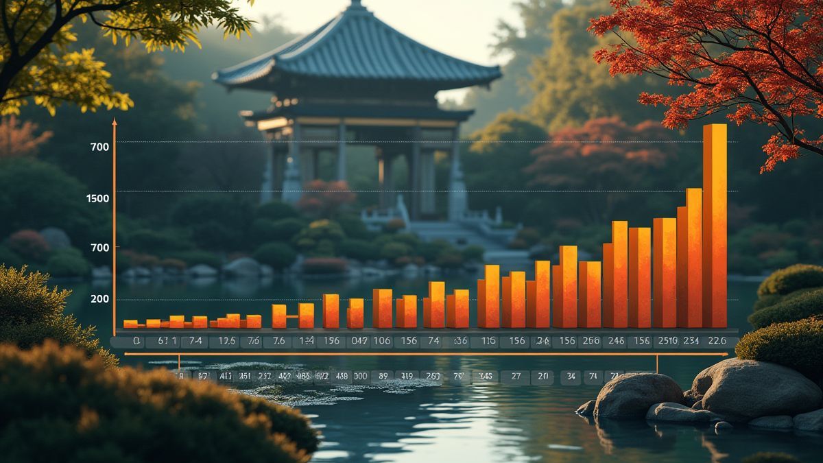 Um gráfico de estatísticas de RTP com um jardim asiático ao fundo.