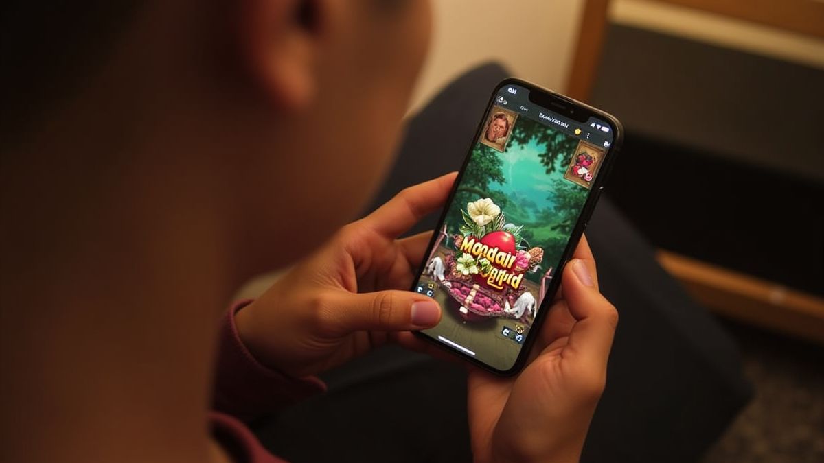 Uma pessoa jogando Orquídea Mandarim no celular em um ambiente acolhedor.