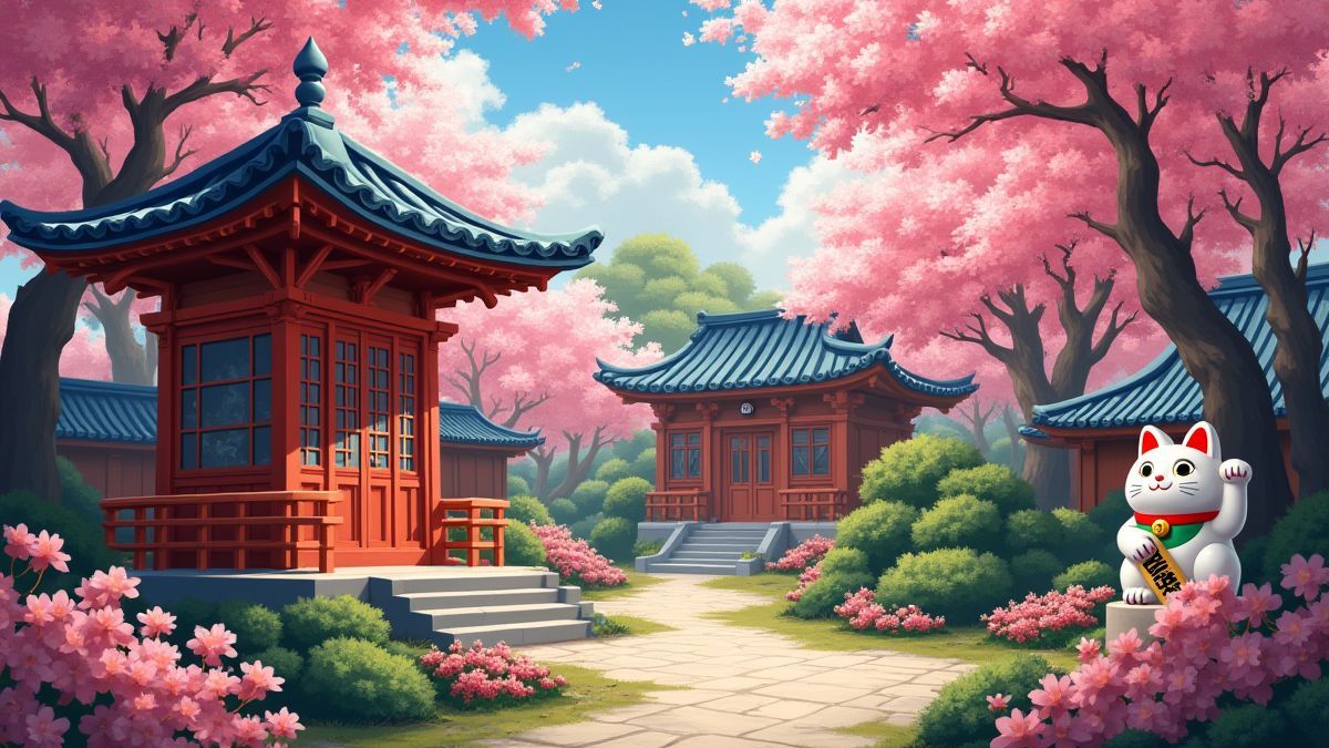 Oriental garden with cherry blossoms and a Maneki Neko statue.