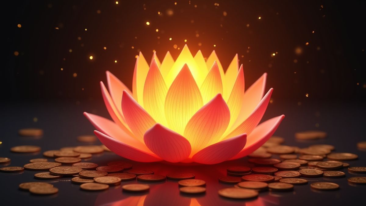 Glowing lotus flower surrounded by coins and sparkles.