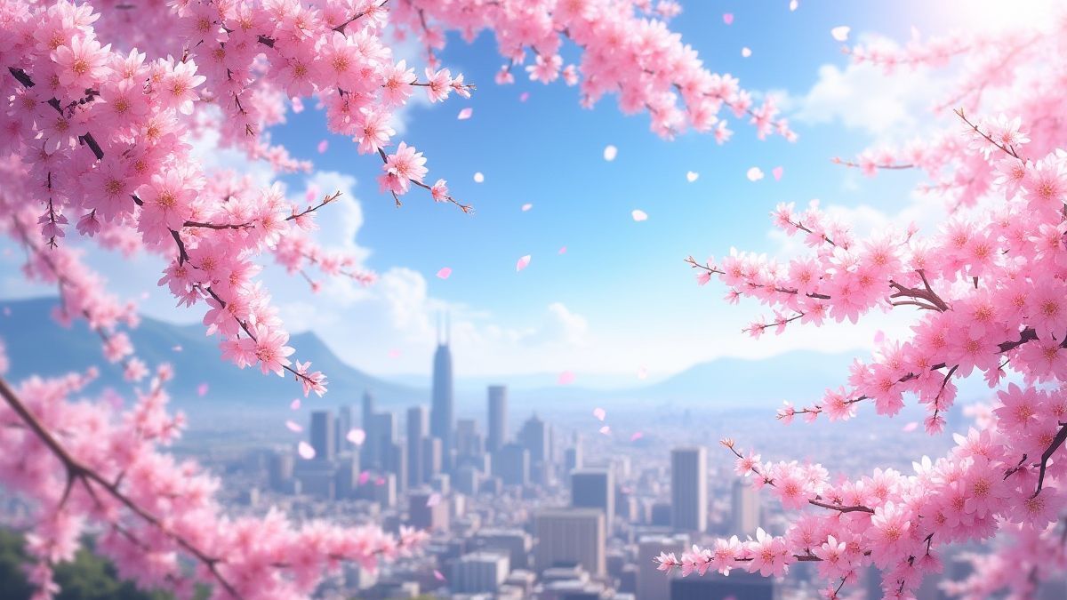 Flores de cerejeira flutuando sobre uma cidade inspirada no anime.