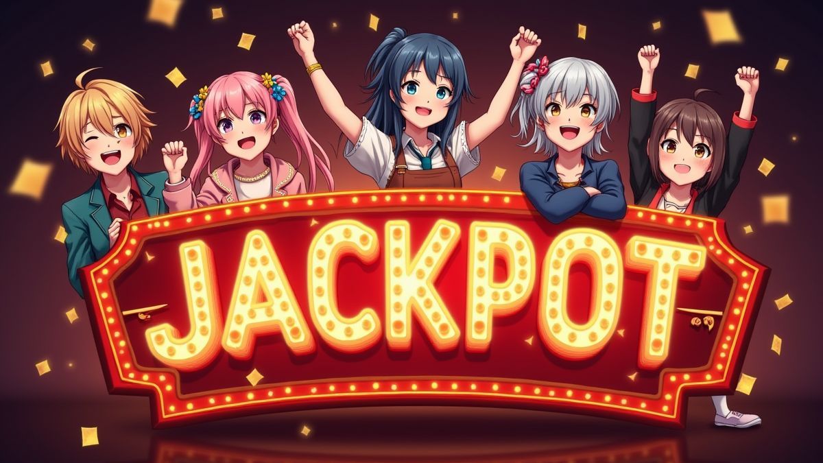Um cartaz de jackpot cercado por personagens estilo anime.