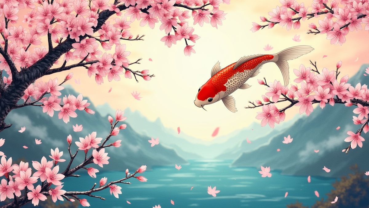 Arte estilo manga japonés con cerezos y peces koi.