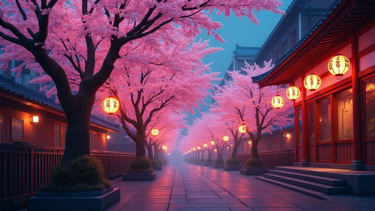 Cerezos y farolillos tradicionales japoneses iluminados por la noche.