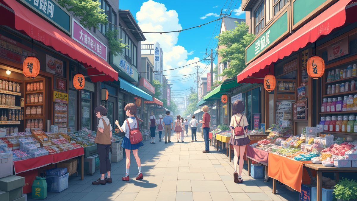 Mercado japonês animado com personagens estilo manga.