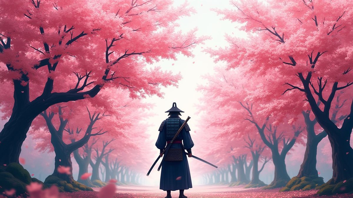 Samurái em um jardim japonês com flores de cerezo.