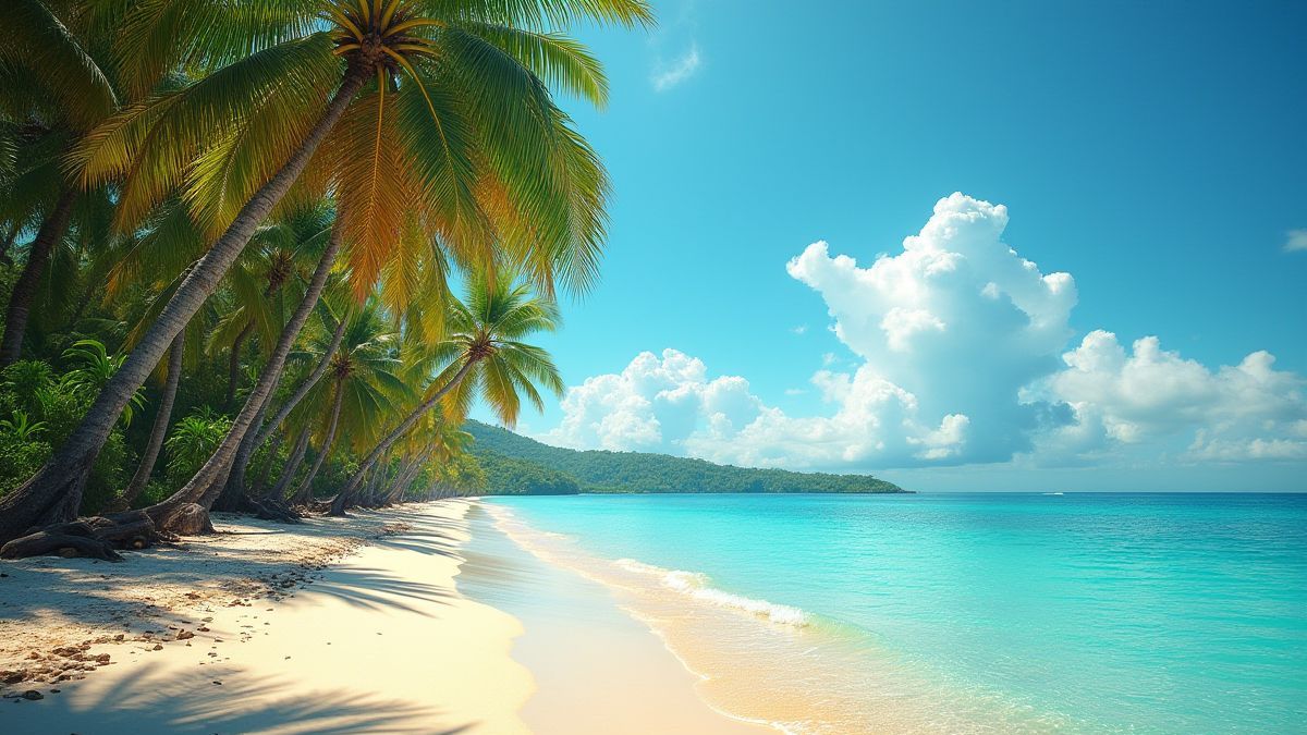 Una isla tropical con árboles de mango y playas doradas.