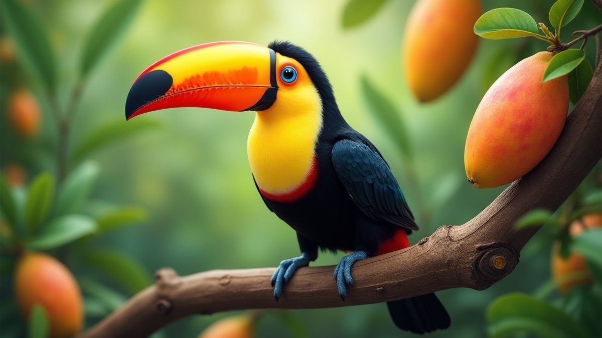 Un tucán tropical en una rama de árbol de mango.