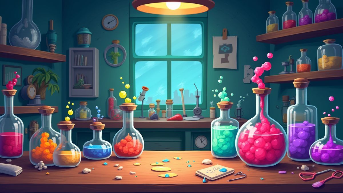 Animated laboratory with bubbling potions and scientific equipment.