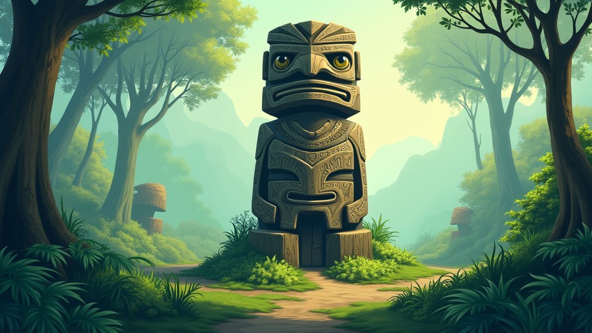 Tótem maori rodeado de natureza verde.