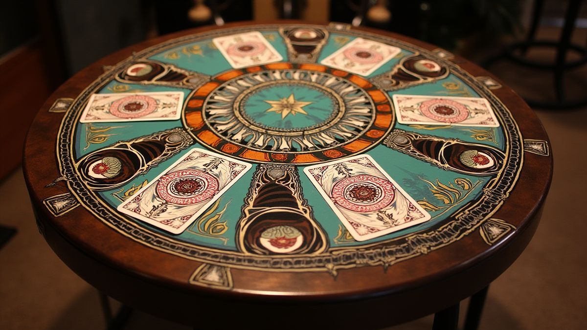 Mesa de jogo com cartas e designs inspirados nos maoris.