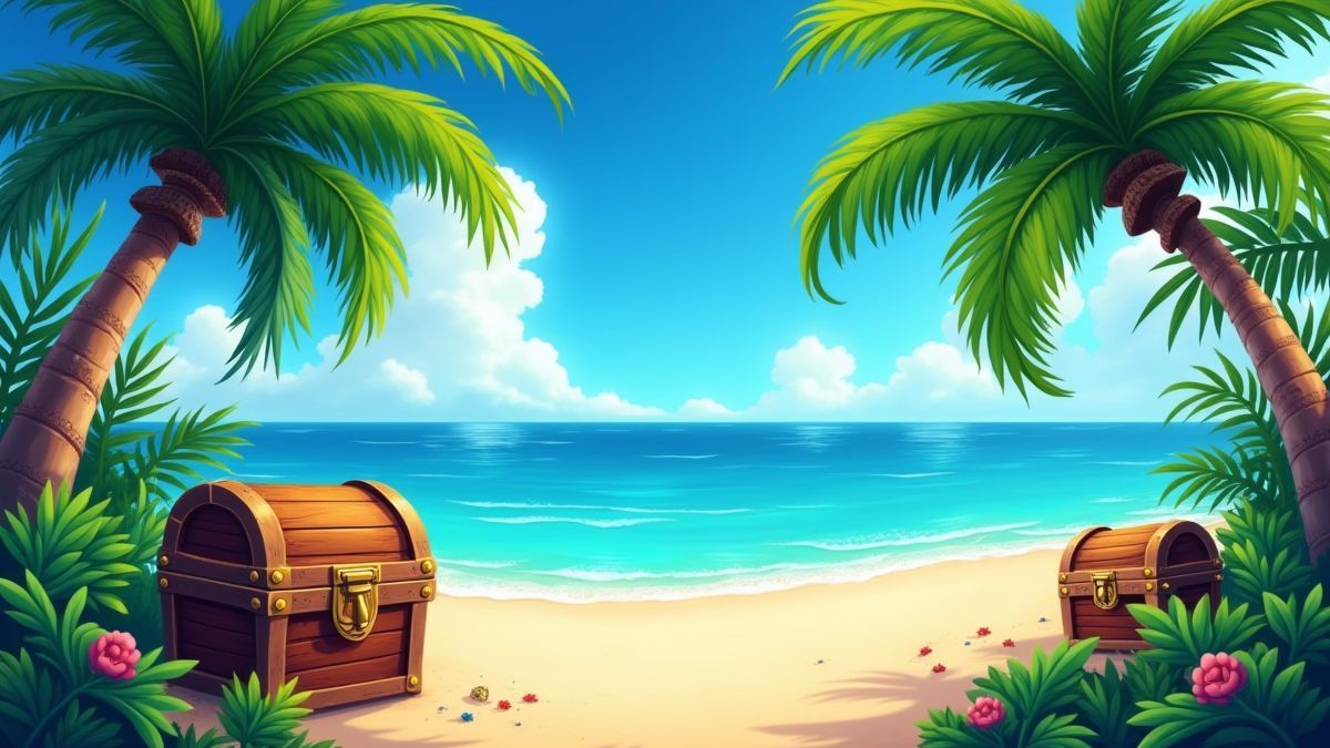 Szene eines karibischen Strandes mit Schatztruhen und Palmen.