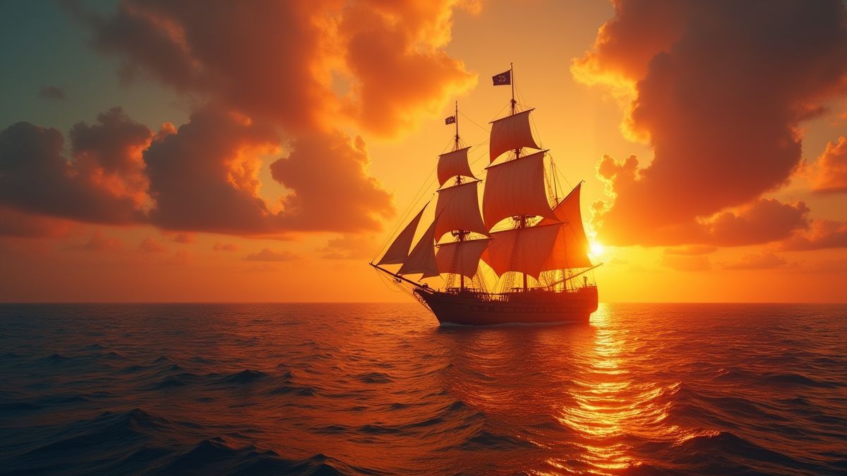 Ein Piratenschiff, das durch die Karibik bei Sonnenuntergang segelt.