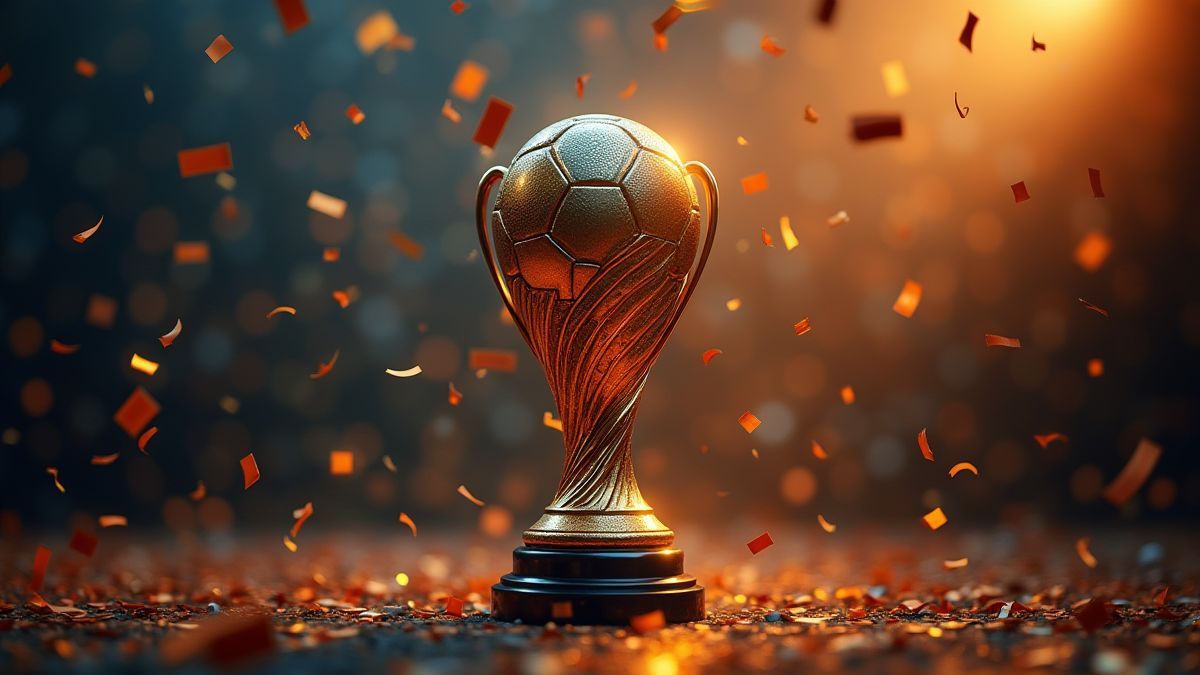 Um troféu de futebol rodeado de luzes brilhantes e confete.