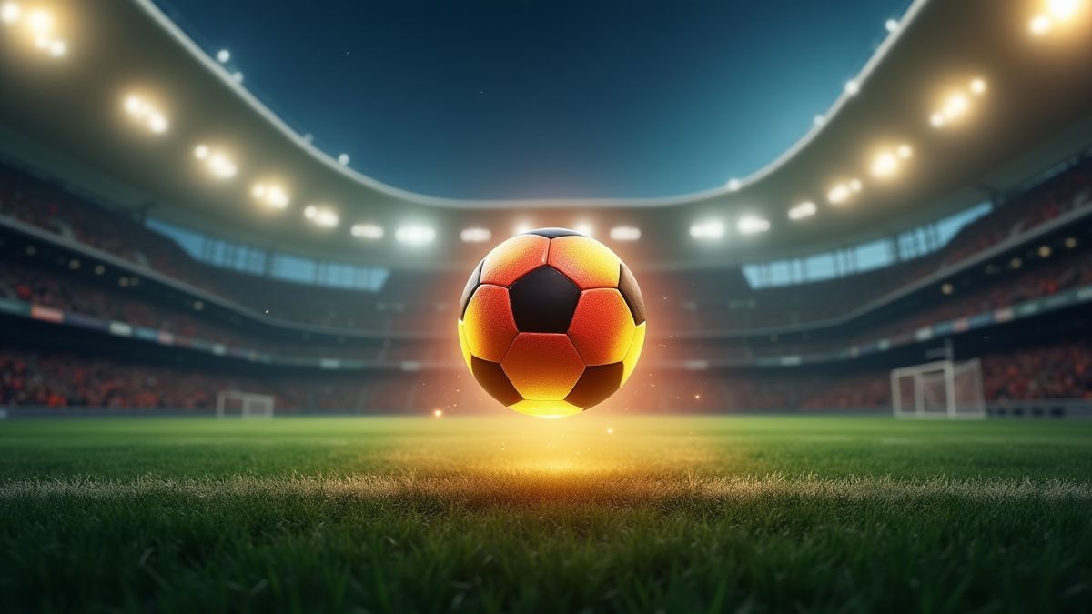 Uma bola brilhante voando em um estádio durante um tiro livre.