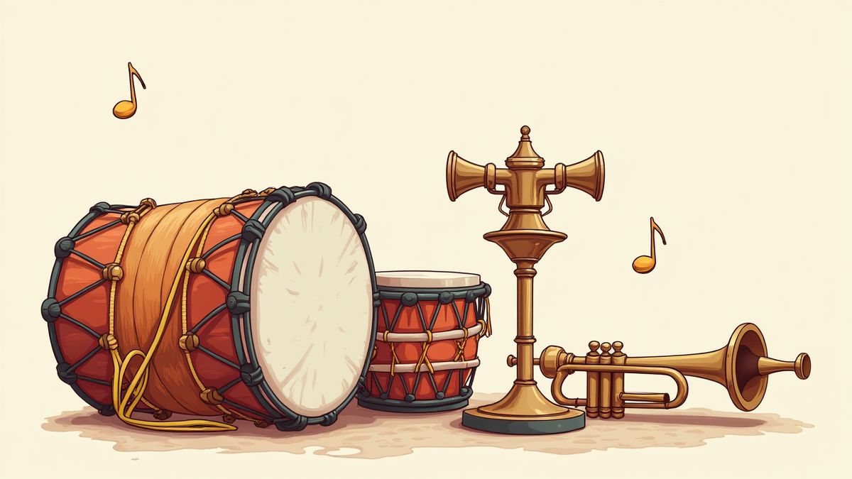 Instrumentos musicais otomanos como tambores e trompetas.