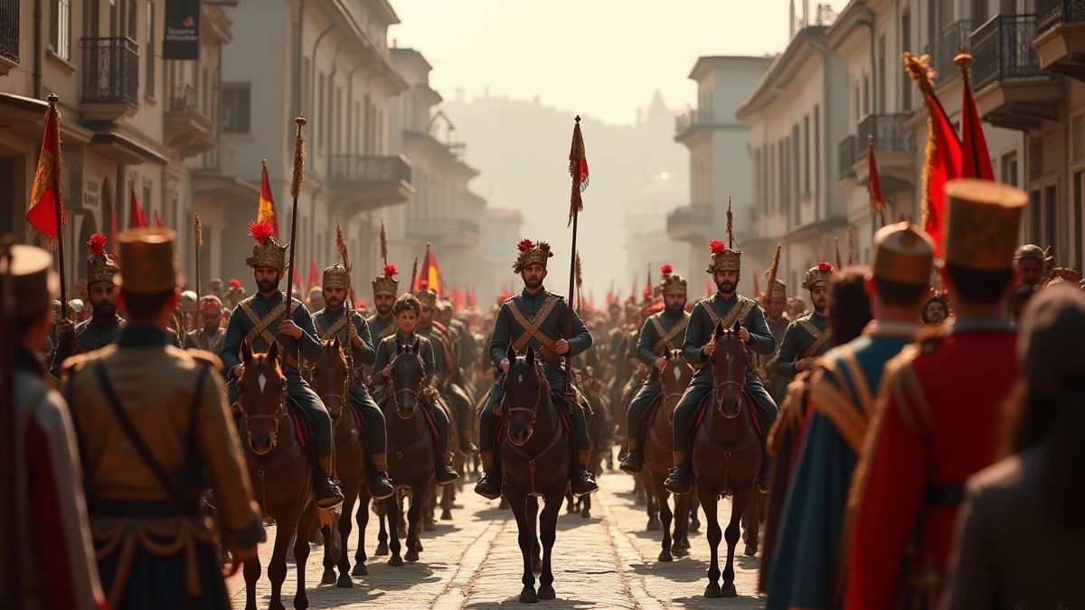 Desfile histórico otomano com soldados e músicos.
