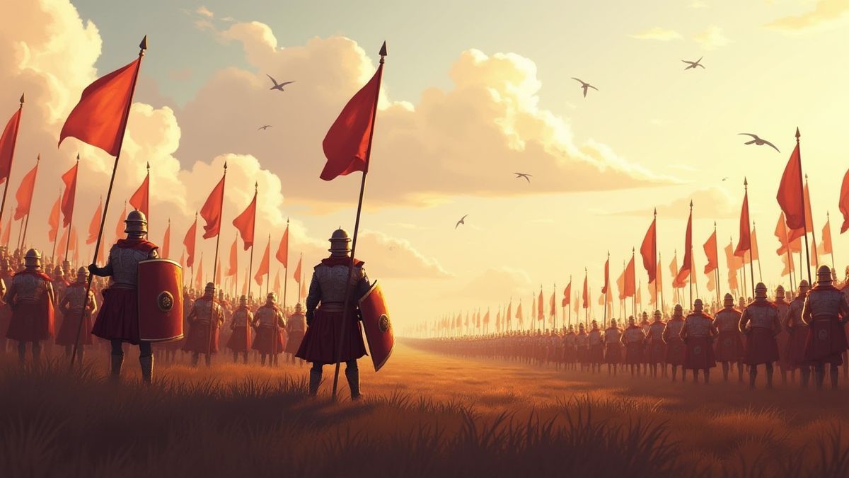 Römisches Schlachtfeld mit Soldaten und Bannern.