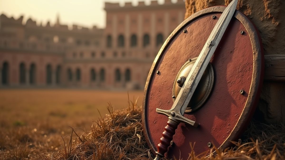 Römischer Schild und Schwert auf einem Schlachtfeld.