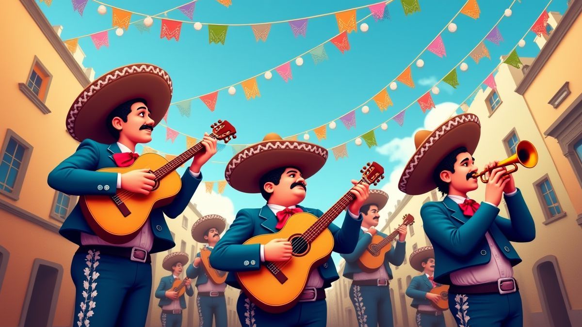 Mariachis tocando instrumentos en una escena colorida bajo el cielo azul