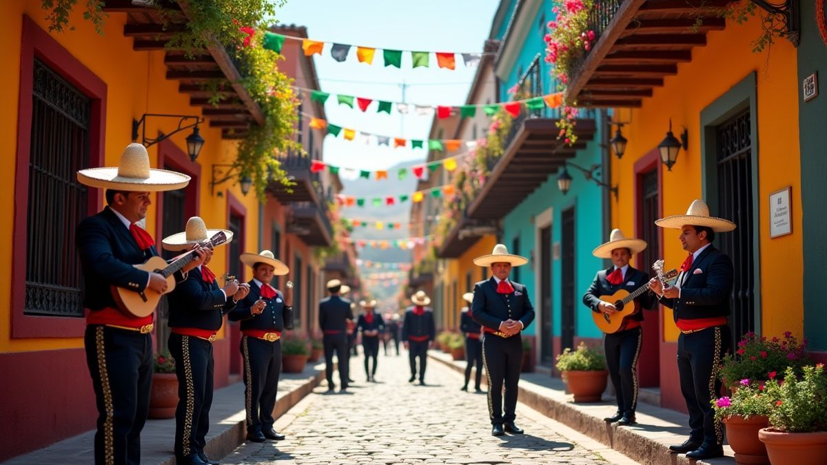 Una calle mexicana colorida con mariachis tocando música y decoraciones vibrantes.