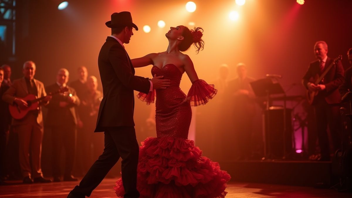 Una bailarina flamenca bajo un foco durante una celebración festiva.
