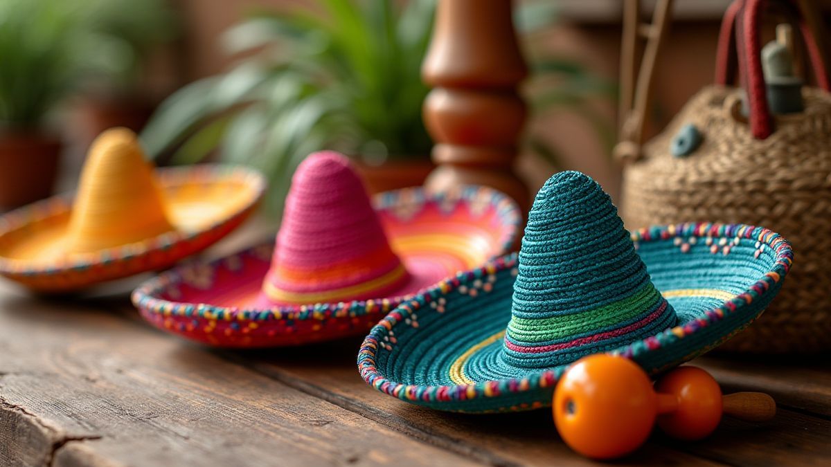 Sombreros coloridos y maracas sobre una mesa de madera.