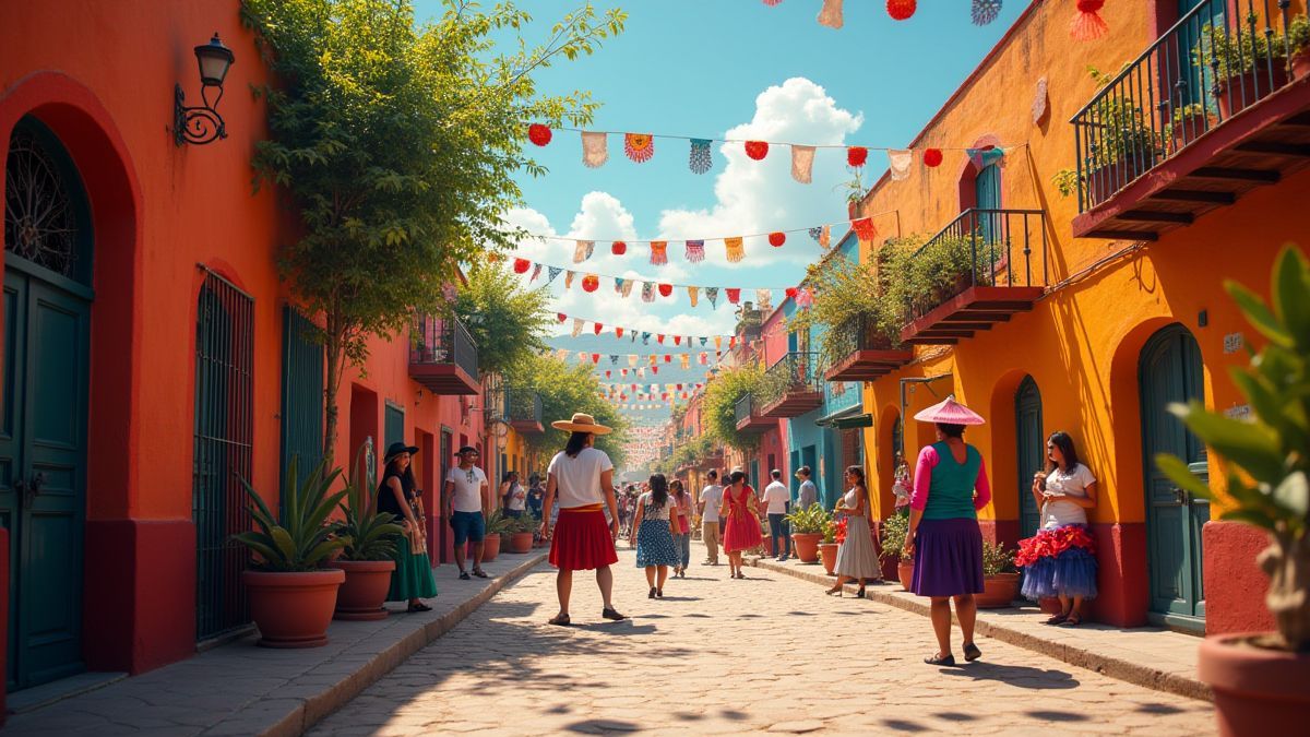 Pueblo mexicano animado durante una fiesta con decoraciones coloridas.