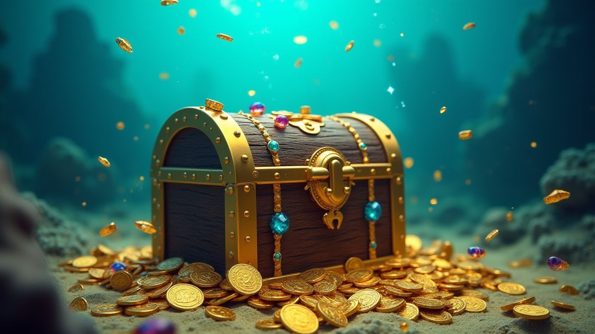 Un cofre del tesoro rodeado de monedas de oro y joyas bajo el agua.