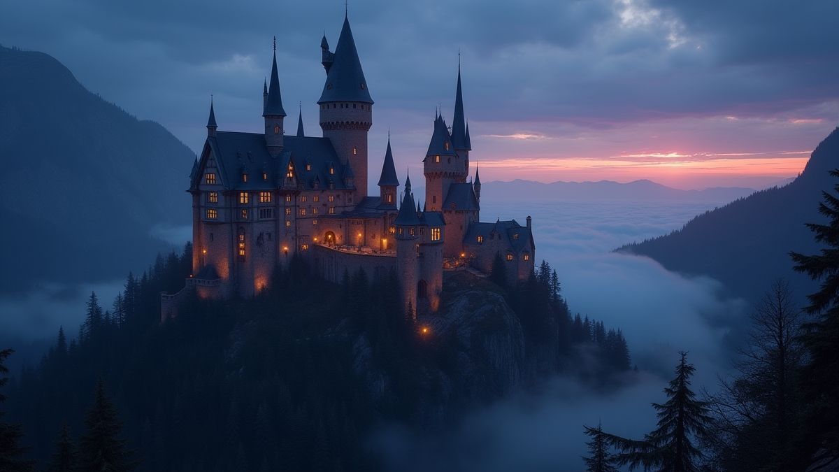 Un château médiéval entouré de lumières brillantes au crépuscule
