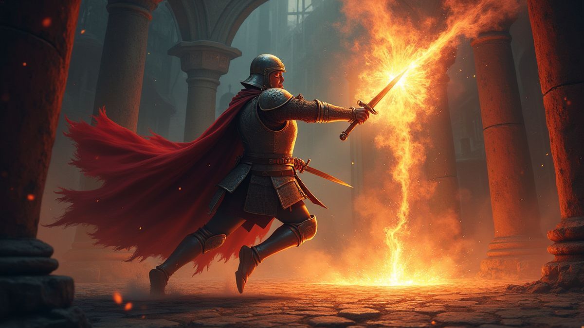 Un chevalier luttant sur une scène médiévale avec des effets magiques brillants