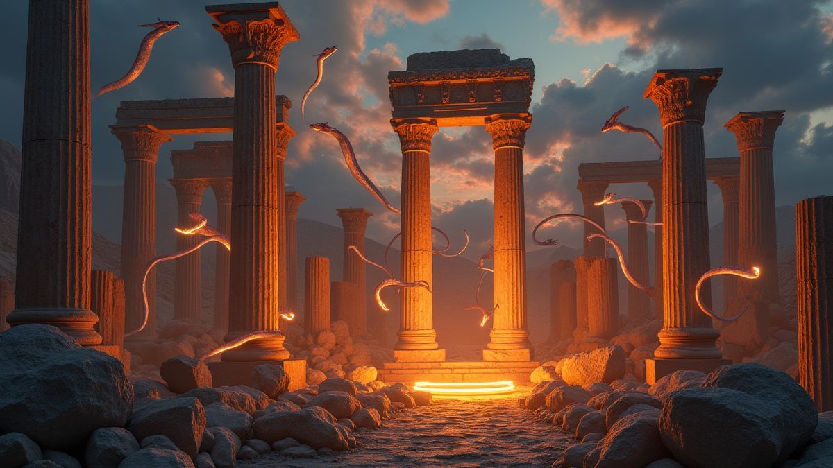 Ruines grecques avec serpents et créatures mythiques.
