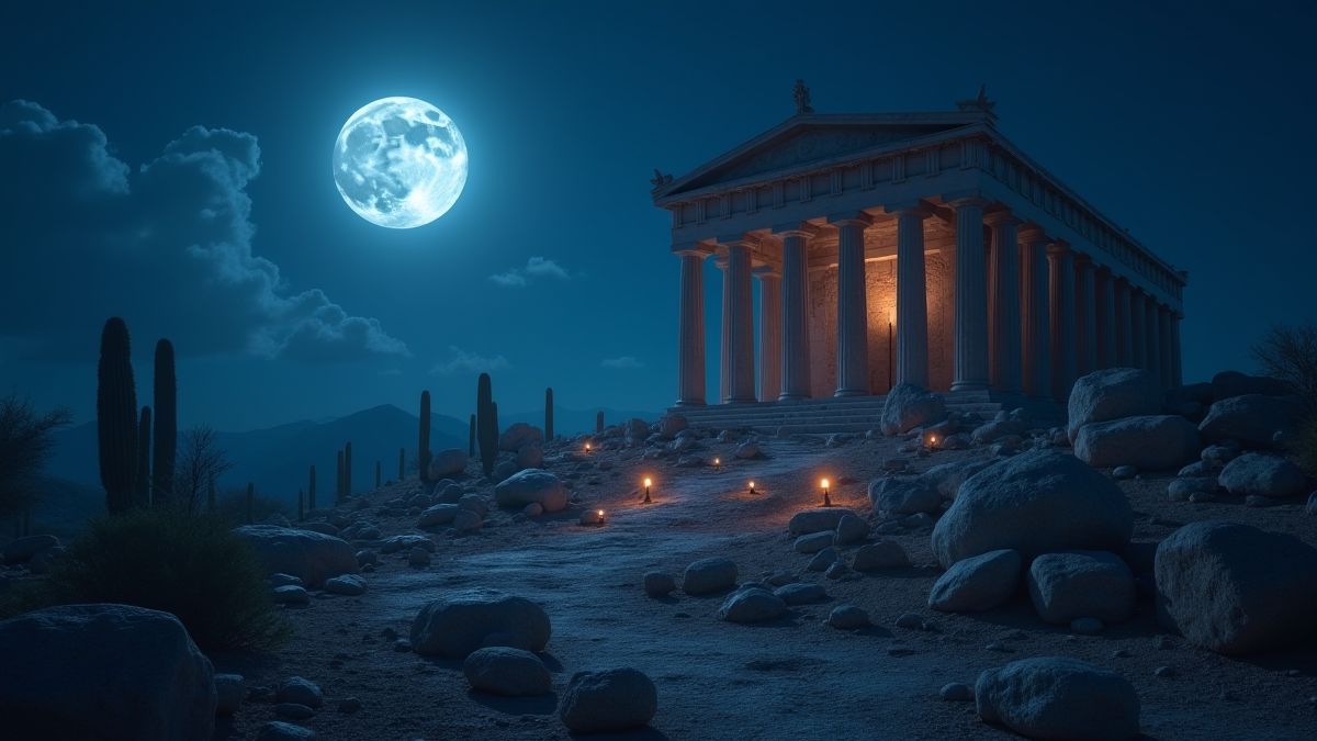Temple grec éclairé par la lune avec des symboles brillants.