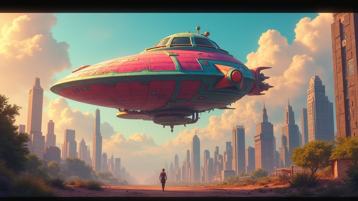 Alien spaceship landing in a city with retro style.